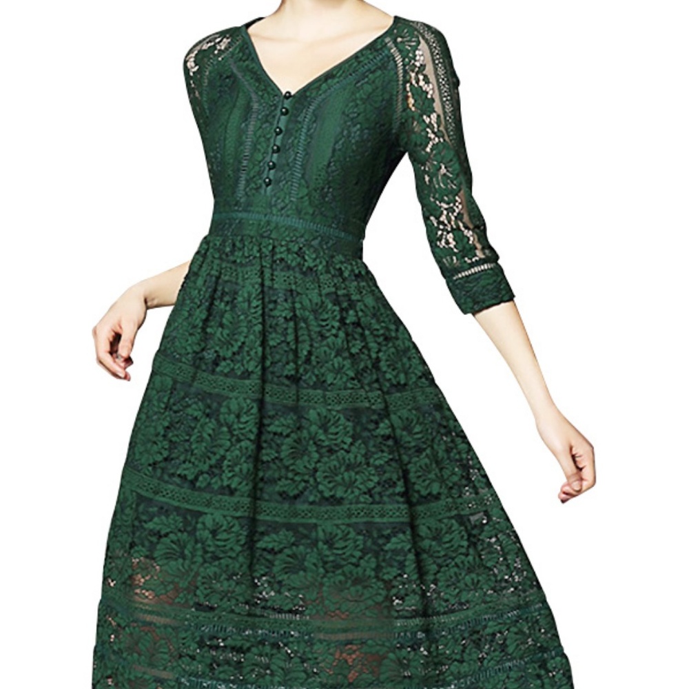 Green V Neckline Hollow Out Lace Dress
